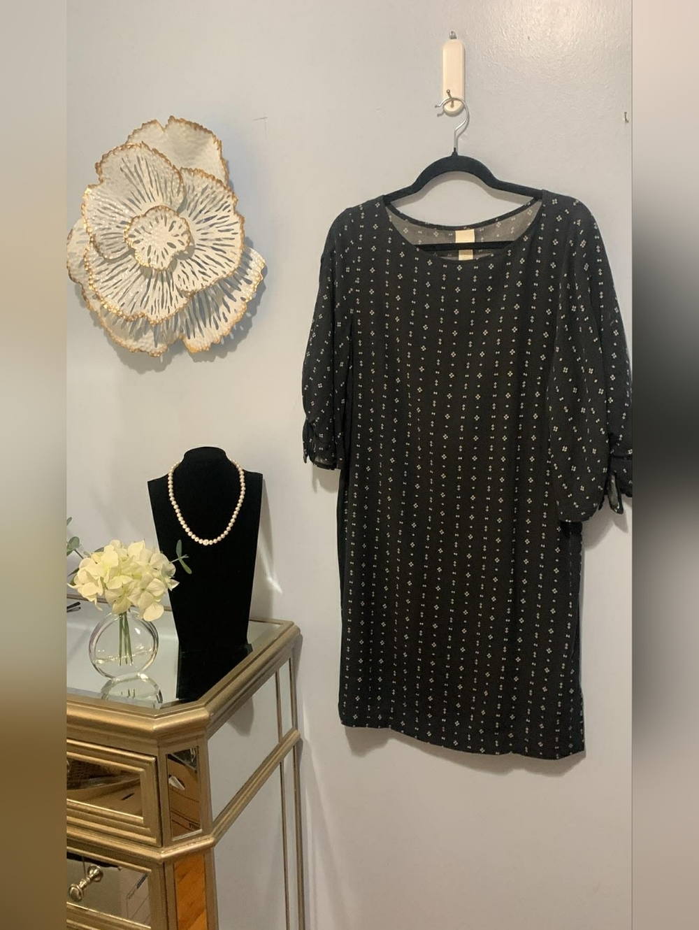 Black Patterned Shift Dress with Tie Sleeves